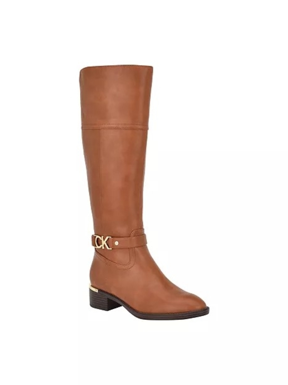 Calvin Klein Cognac -Knee -Leather Boots with Gold CK Accent